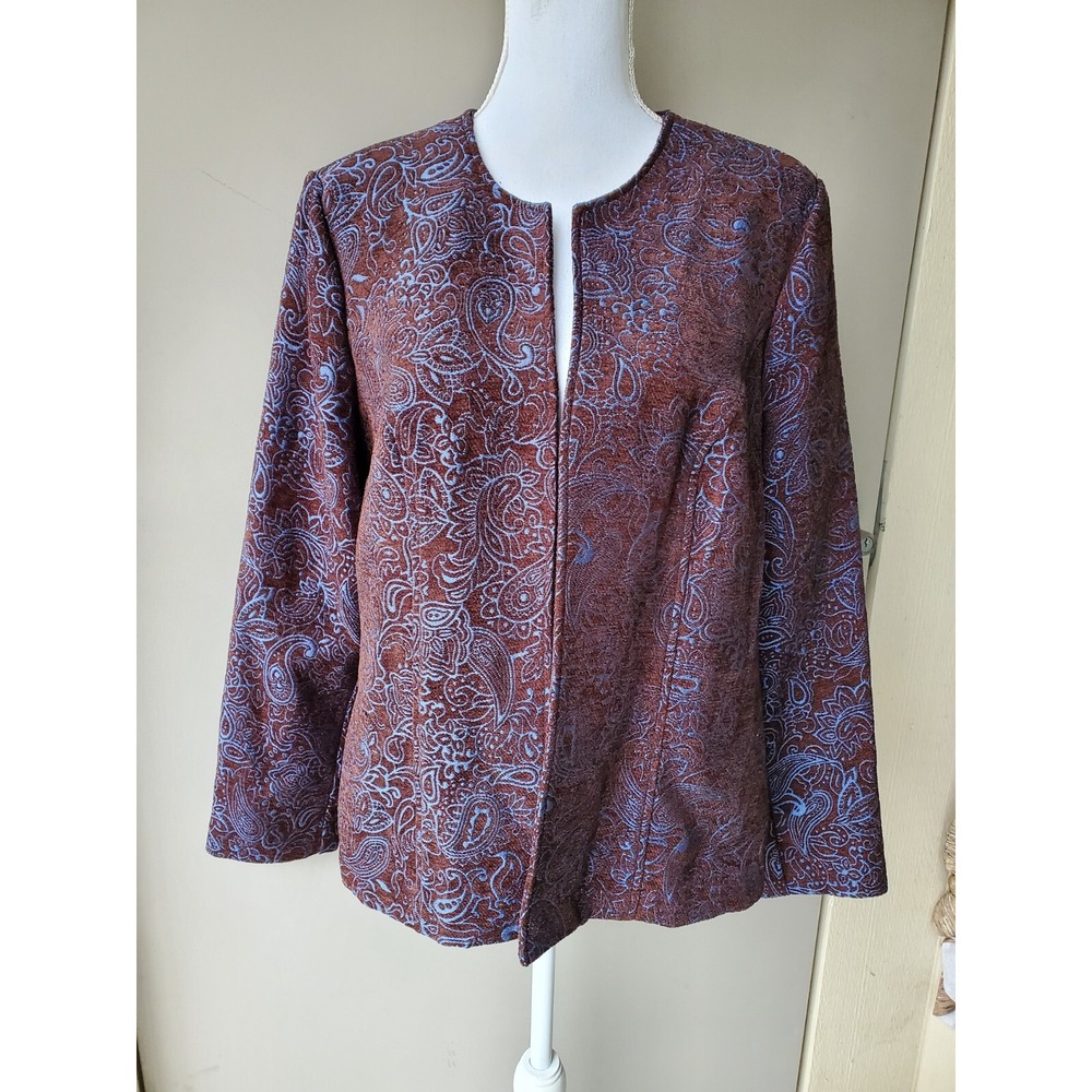 Russell Kemp Open Jacket Blazer Womens 14‎ Brown Blue Paisley Velvet Shine